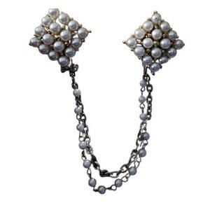 Vtg 1950s 60s Faux Pearl Square Chained Sweater Clips
